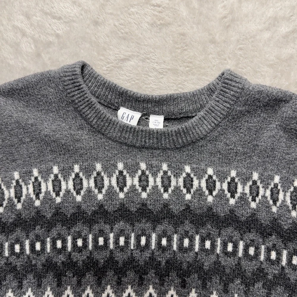 Gap Kids Fair Isle Sweater 2XL 14-16 Gray Cotton Knit Geometric Pullover Youth